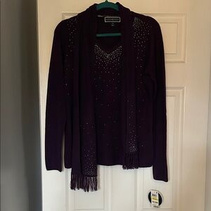 Women’s Deep Purple V-Neck Sweater with Scarf